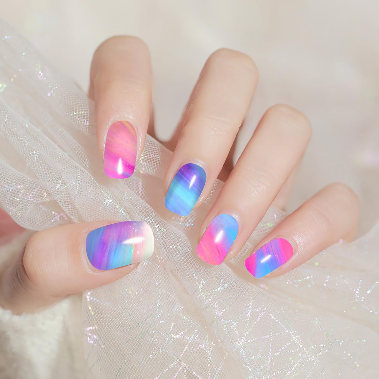 12 Sheets Aurora Gradient Color Nail Polish Strips Self-Adhesive Graffiti Cloud Rainbow Nail Stickers Full Nail Wraps for Women Kids Manicure Kit