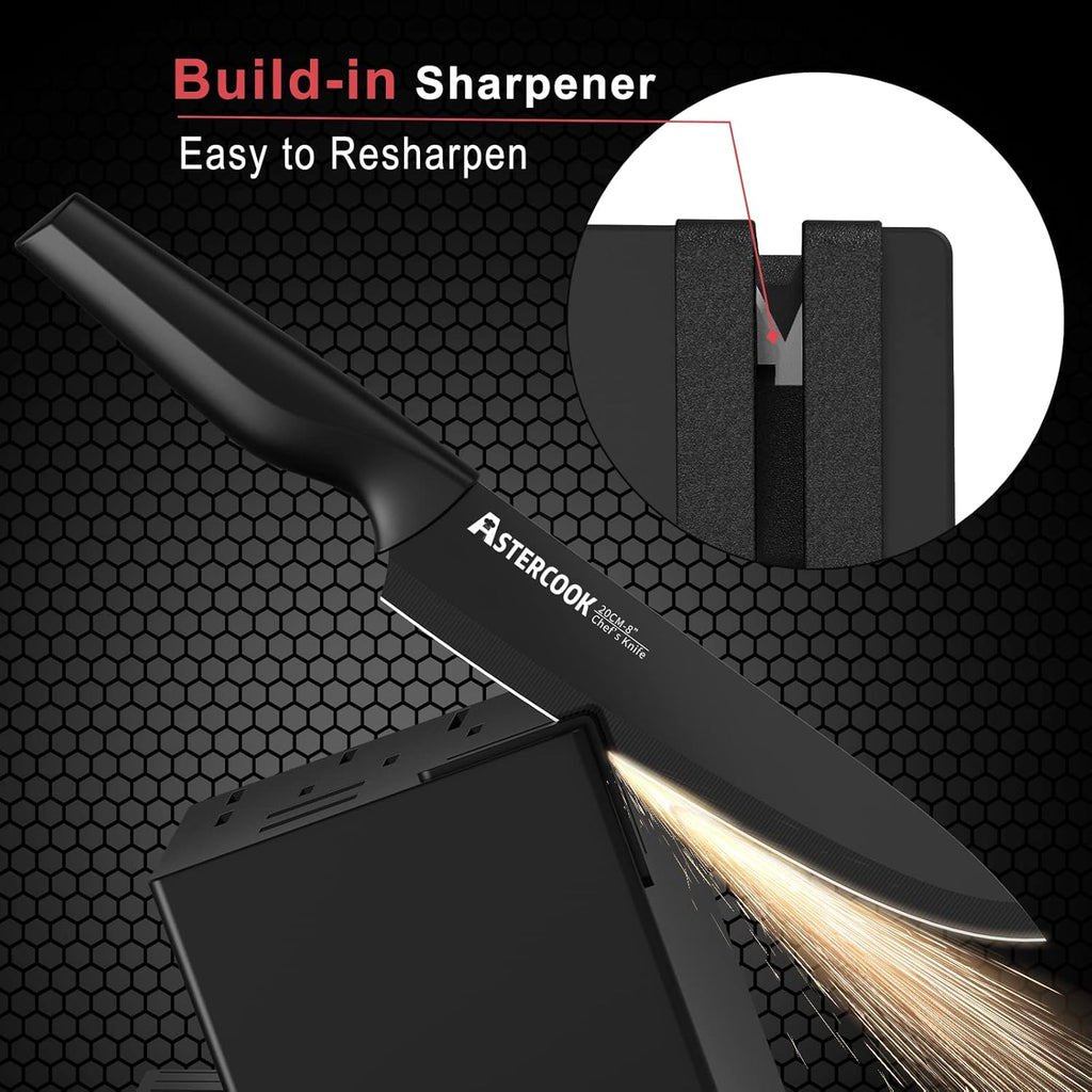 Knife Set, Astercook 21 Pieces Knife Sets for Kitchen with Block, Dishwasher Safe Kitchen Knife Set with Built-in Sharpener, German Stainless Steel Black Knife Block Set Mothers Day Gifts