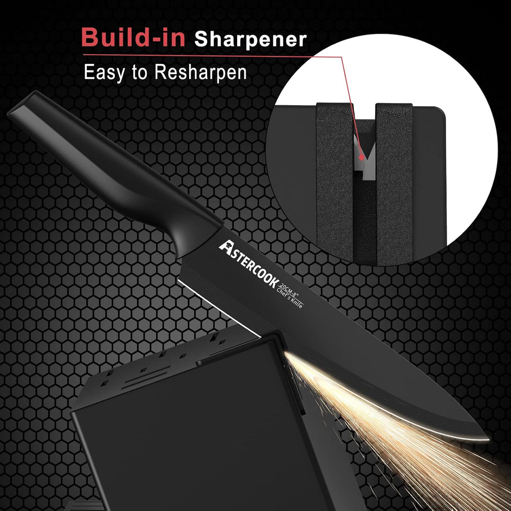 Knife Set, Astercook 21 Pieces Knife Sets For Kitchen With Block, Dishwasher Safe Kitchen Knife Set With Built-In Sharpener, German Stainless Steel Black Knife Block Set, Fathers Day Gift For Men