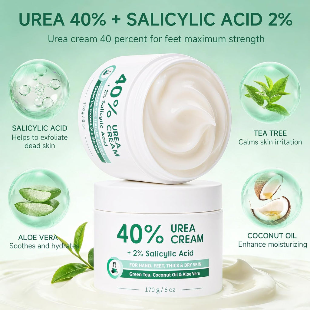 40% Urea Cream for Feet Maximum Strength, Foot Cream for Dry Cracked Heels, Callus Remover with 2% Salicylic Acid, Moisturizer for Hands Elbows Knees Rough Skin