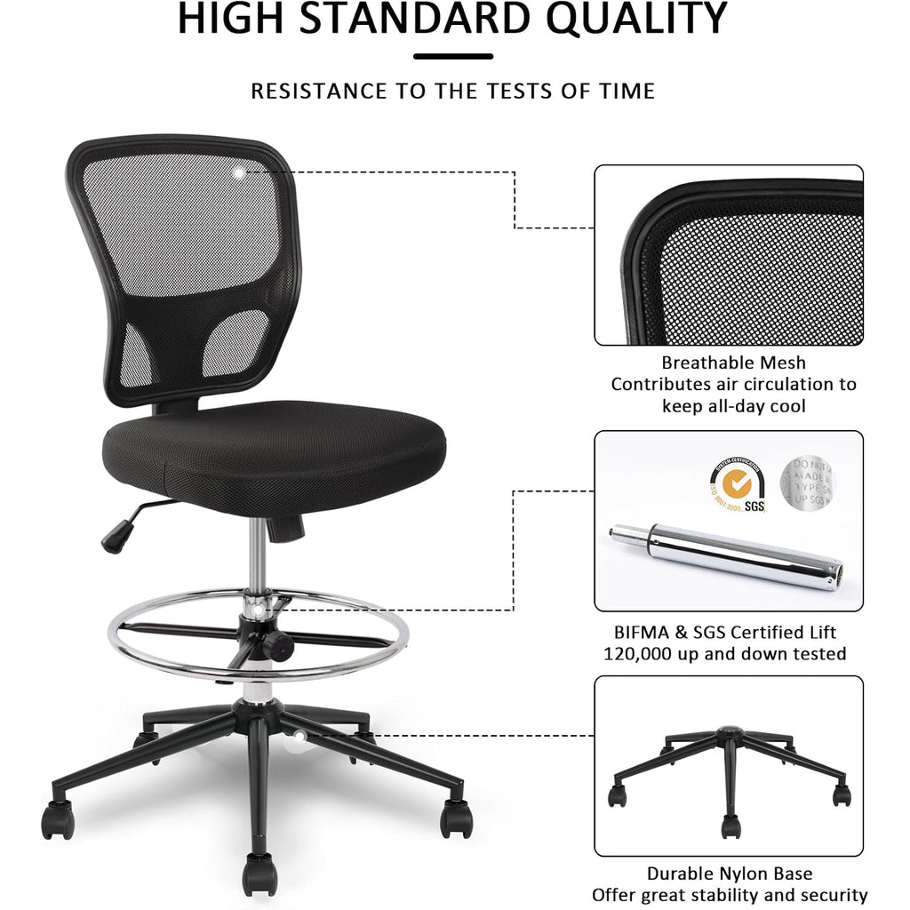 Armless Drafting Chair Tall Office Chair Adjustable Height High Back Ergonomic Desk Chair Drafting Stool Rolling Bar Stools Chairs With Footrest And Wheels
