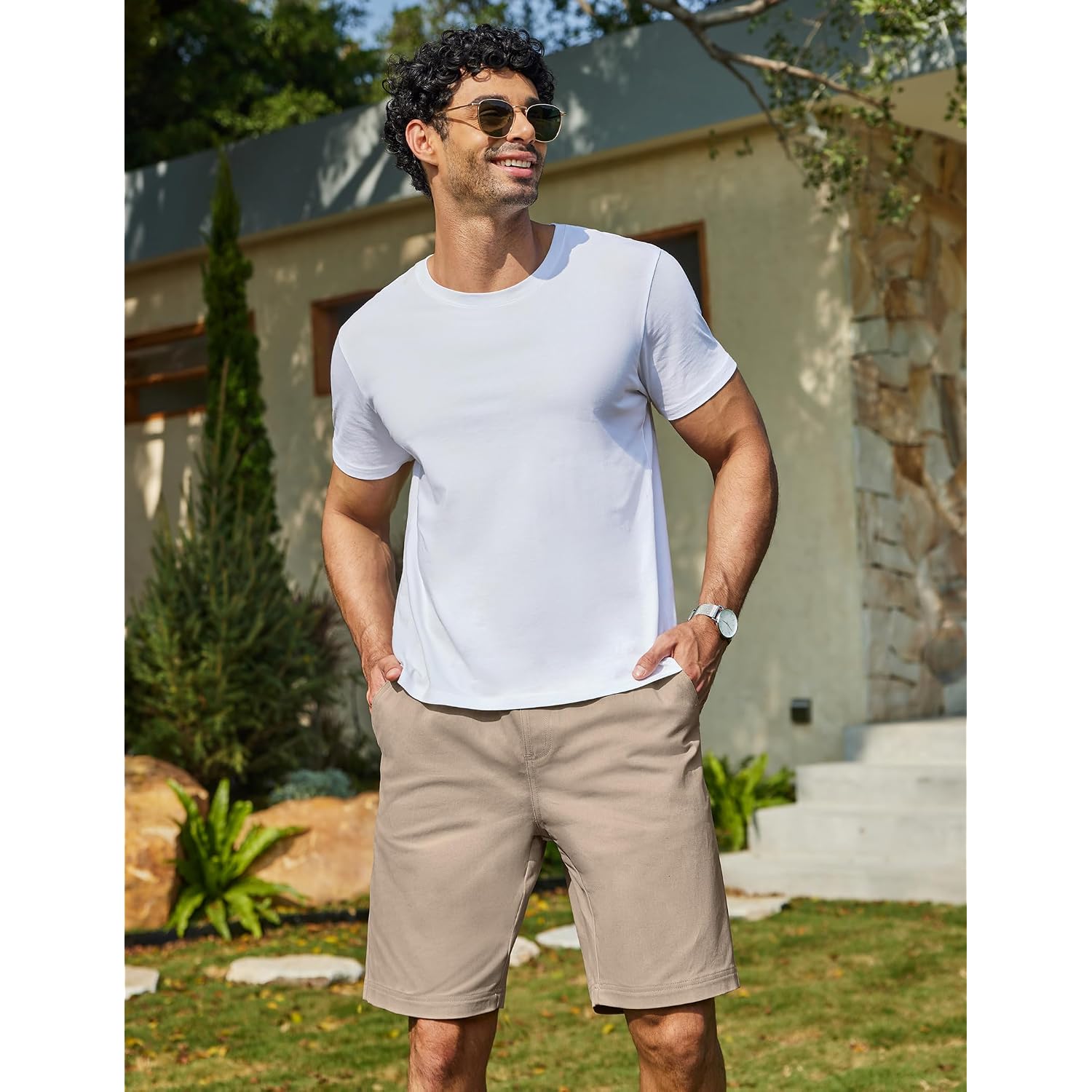 Coofandy Mens Casual Shorts Cotton Drawstring 9 Inch Chino Shorts Stretch Elastic Waist Summer Beach Golf Shorts