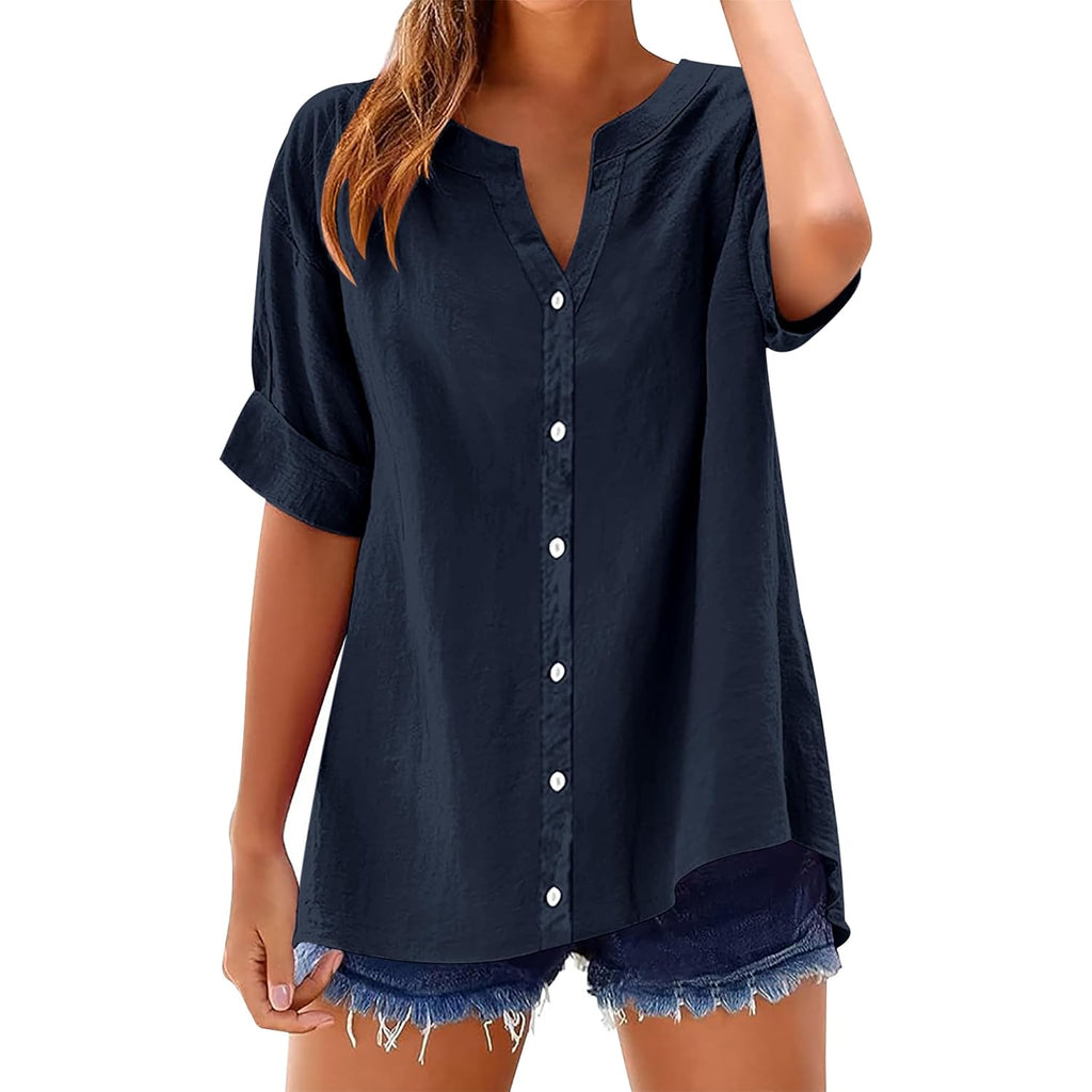 Lomon Womens 3/4 Sleeve Button Down Shirts Cotton Linen Roll Up Short Sleeve Tops V Neck Casual Loose Fit Blouses