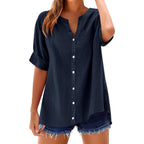 Lomon Womens 3/4 Sleeve Button Down Shirts Cotton Linen Roll Up Short Sleeve Tops V Neck Casual Loose Fit Blouses