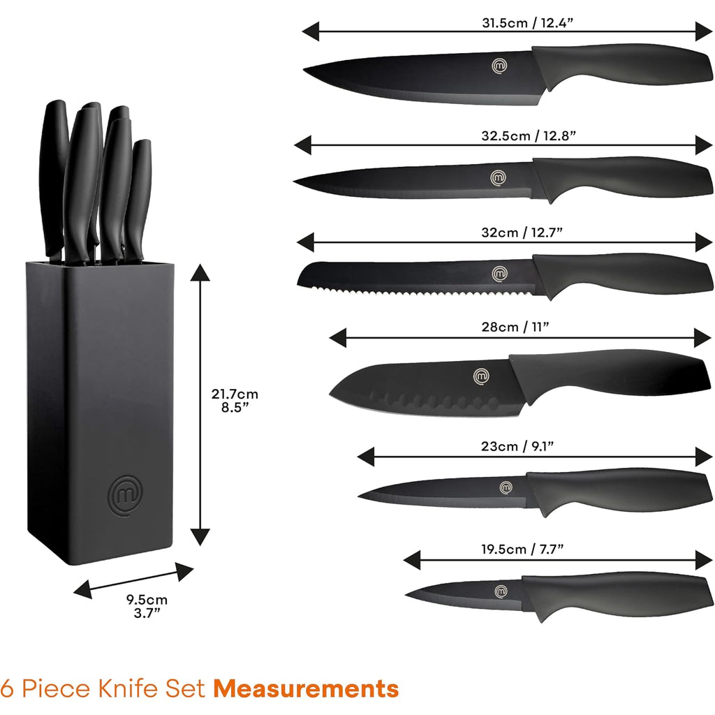Masterchef Knife Set With Block, 6 Kitchen Knives And A Universal Knife Holder, Extra Sharp Stainless Steel Blades For Precise Cutting With Non Stick Coating & Soft Touch Easy Grip Handles, Black