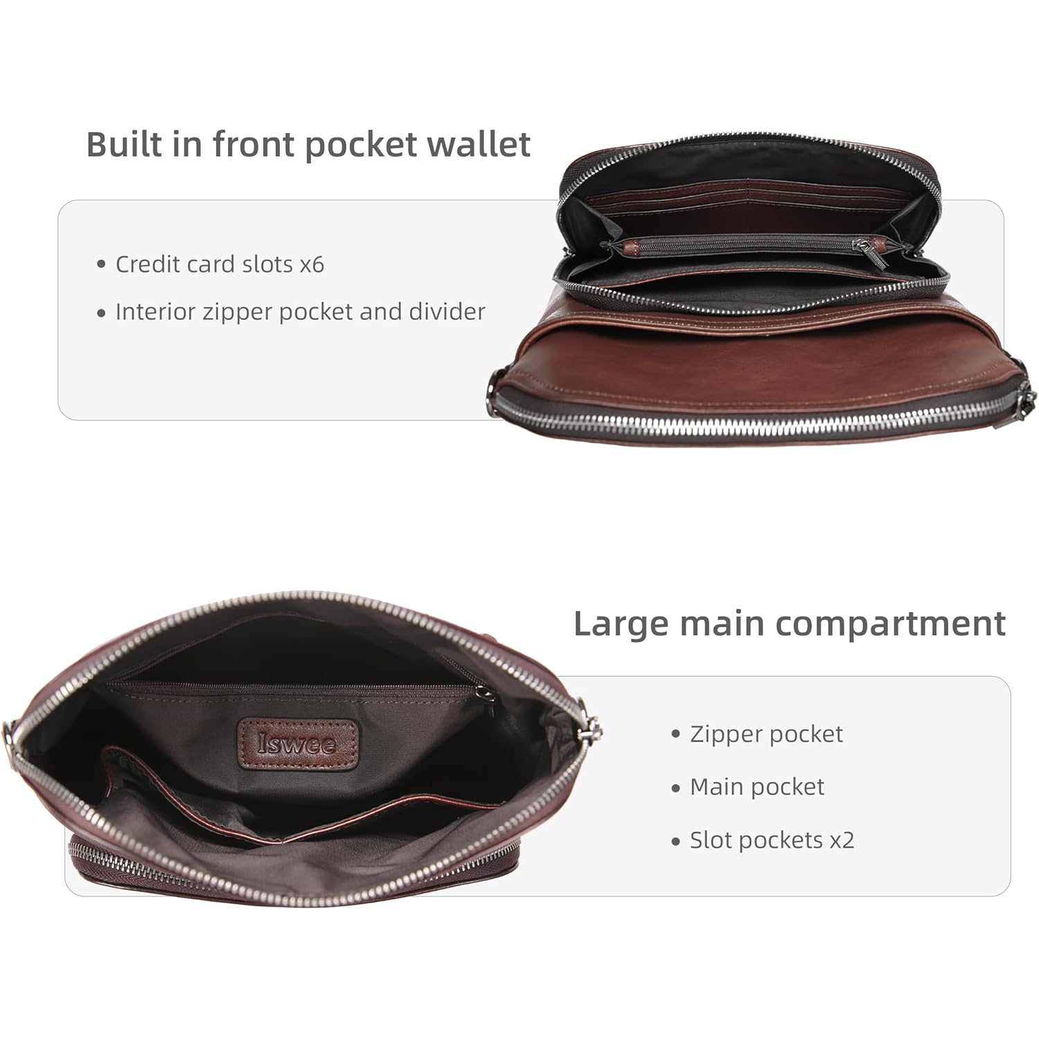 Iswee Leather Crossbody Bags for Women Multi Pockets Medium Shoulder Bag Lightweight Functional Travel Purse