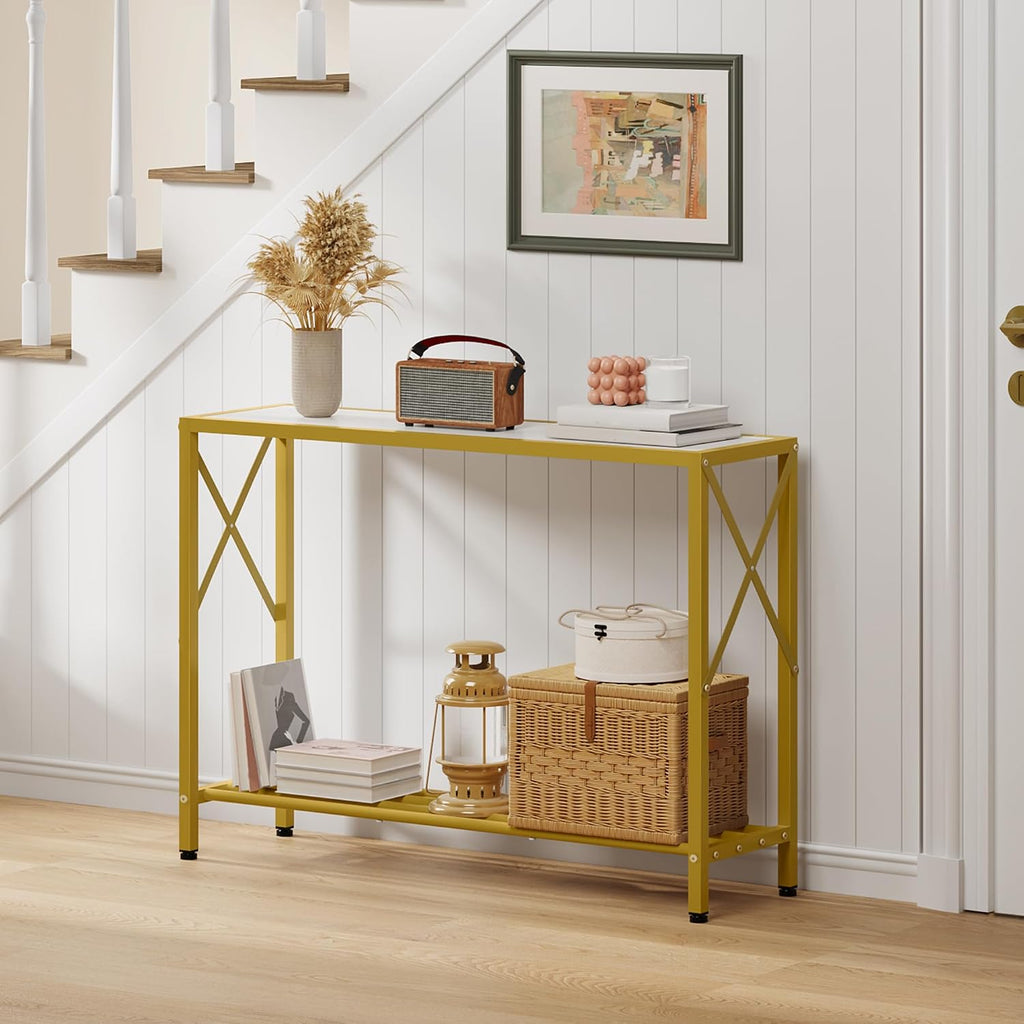 Entryway Table 41.8”, 2-Tier Entry Way Console Entrance Table, Narrow Sofa Table With Shelves, Ideal For Hallway, Entryway, Living Room, Foyer, Corridor, And Office (Gold & White)