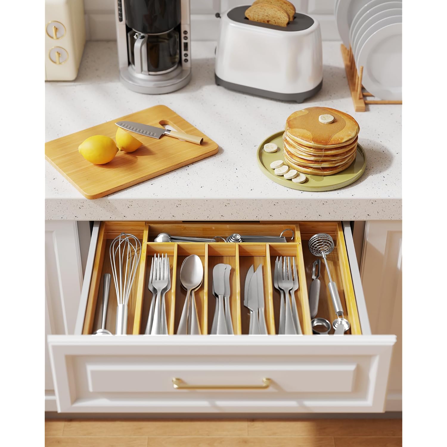 Kitsure Silverware Organizer - Expandable Bamboo Kitchen Drawer Organizer For Cooking Utensils And Cutlery, Sturdy & Thickened Kitchen Organizers And Storage Solution, Large, Natural