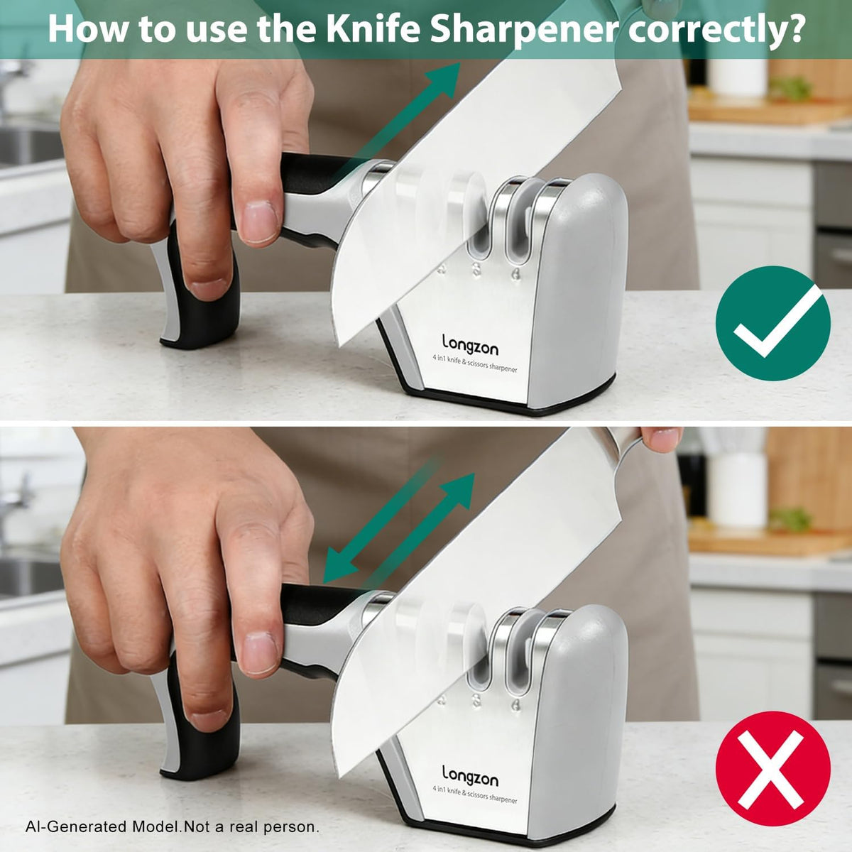 Longzon 5-In-1 Knife Sharpener 4 Stage With Cut-Resistant Glove, Quickly Sharpens & Restores Dull Blades, Easy & Safe For Home Kitchen Use, Fits Most Knives And Scissors, Black+Silver
