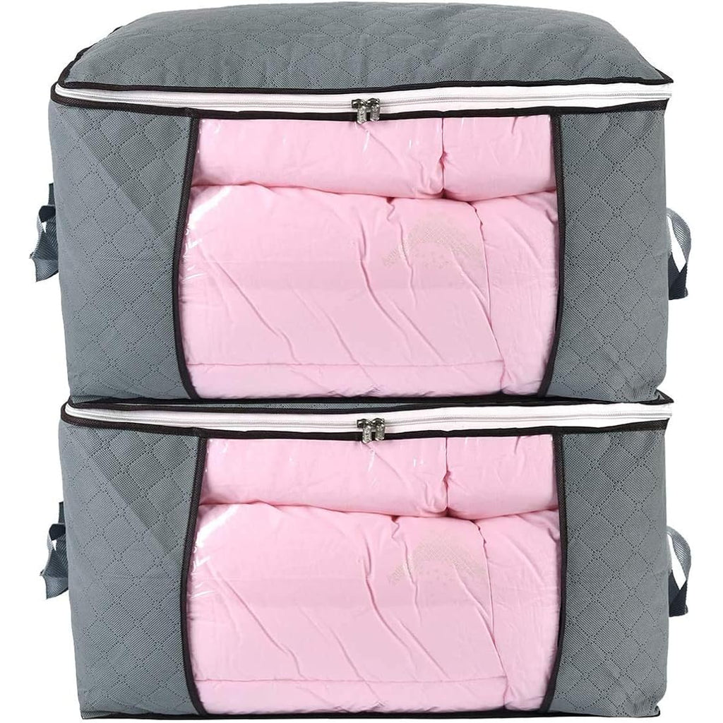 Comforter Storage Bag, Zippered Bag With Large Clear Window And Carry Handles, Space Saver Organizers For Closet, Blanket, Pillow, Quilt, Bedding, Clothes (2Pcs Grey Large)