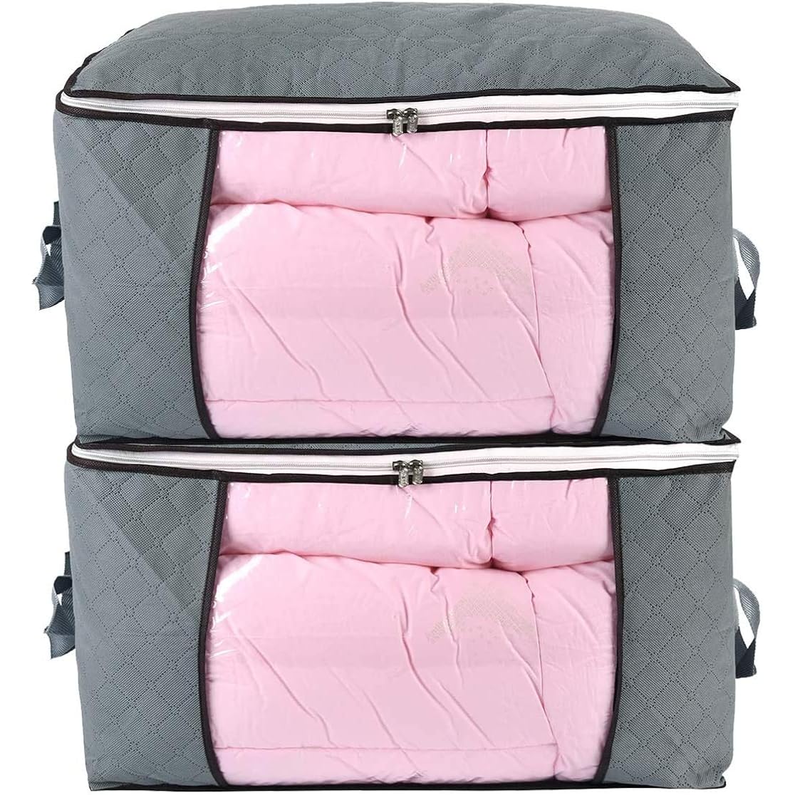 Comforter Storage Bag, Zippered Bag With Large Clear Window And Carry Handles, Space Saver Organizers For Closet, Blanket, Pillow, Quilt, Bedding, Clothes (2Pcs Grey Large)