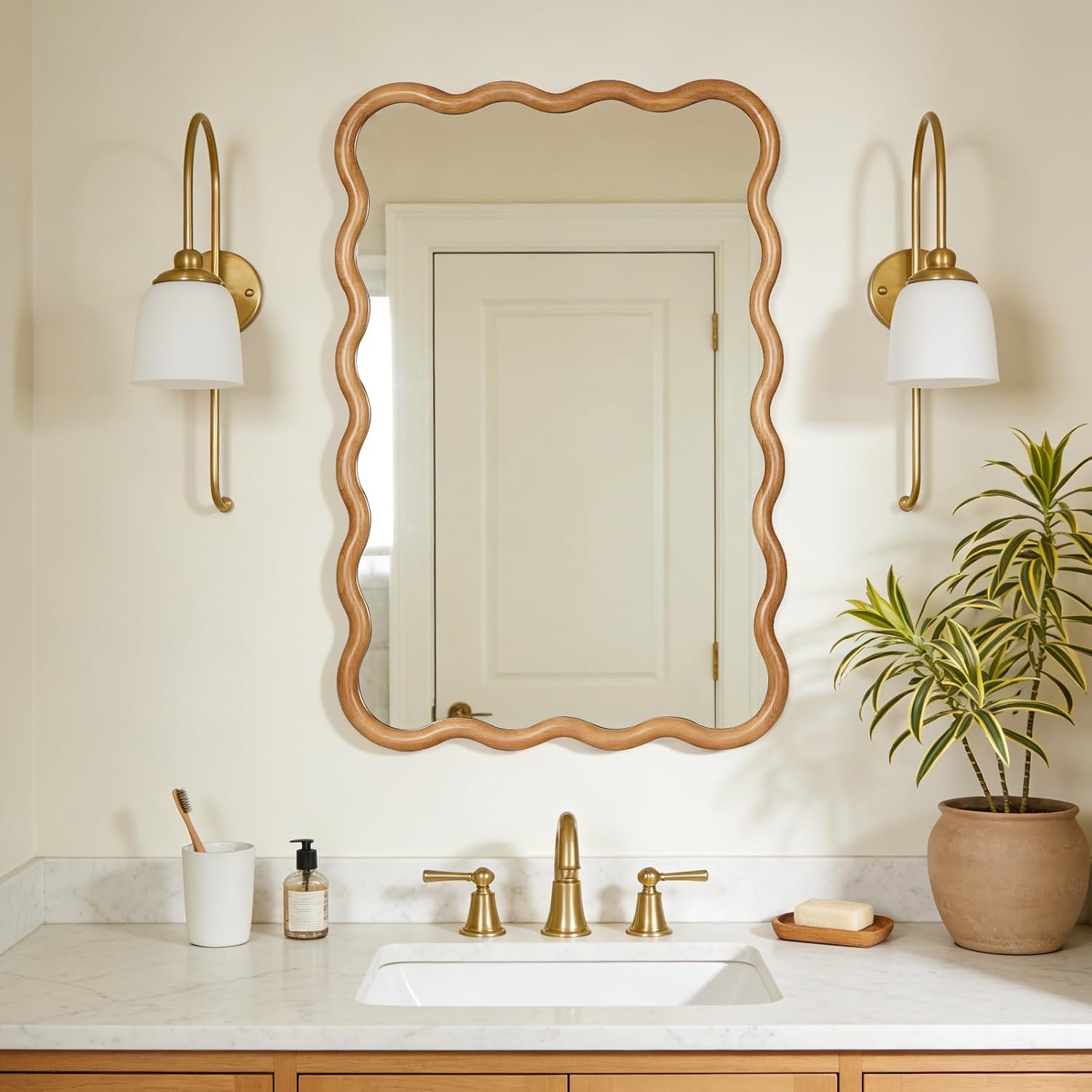 24"X36" Wavy Wood Mirror, Natural Wood Boho Accent Wall Mirror With Wooden Frame, Decorative Wall Mounted Mirror For Horizontal Or Vertical Hanging In Bathroom, Bedroom, Living Room