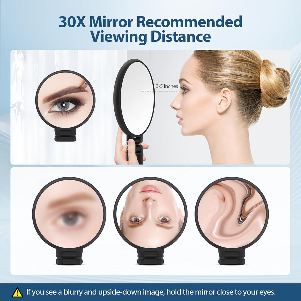 B Beauty Planet 30X Magnifying Mirror, Hand Mirror with Handle, Double Sided Hand Mirror with 30X/1X Magnification, Travel Essential Portable Foldable Makeup Mirror for Precision Makeup Black