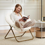 Dumos Comfy Saucer Chair, Faux Fur Lounge Seasting Xl Circle Chair For Bedroom, Dorm & Gaming, Foldable Fashion Accent Seat For Small Spaces, Folding Moon/Mushroom/Round Oversized Style,White