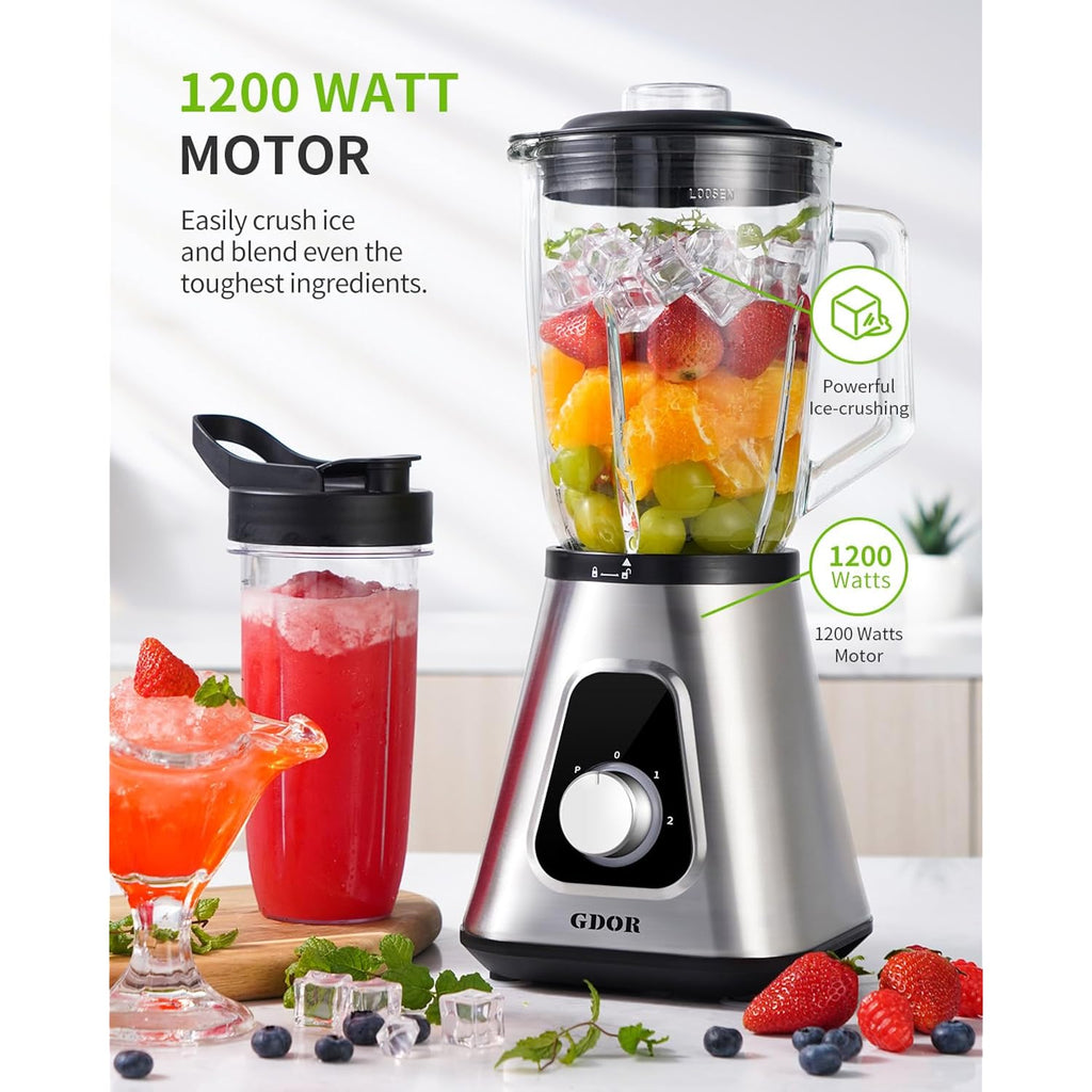 Gdor 1200W Blender For Smoothies And Shakes, 52 Oz Glass Jar & 22 Oz To-Go Cup Combo, Countertop Blender With 6-Leaf Blade, 3 Adjustable Speed For Juices, Frozen Fruit Drinks, Sauces, Self-Cleaning