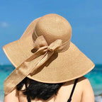 DRESHOW Beach Hats for Women Big Straw Wide Brim Summer Hat Floppy Foldable Roll up Cap Sun Hat UPF 50+ Khaki /Normal Edge