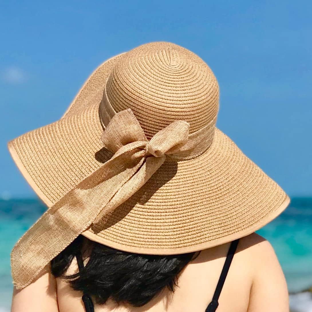DRESHOW Beach Hats for Women Big Straw Wide Brim Summer Hat Floppy Foldable Roll up Cap Sun Hat UPF 50+ Khaki /Normal Edge