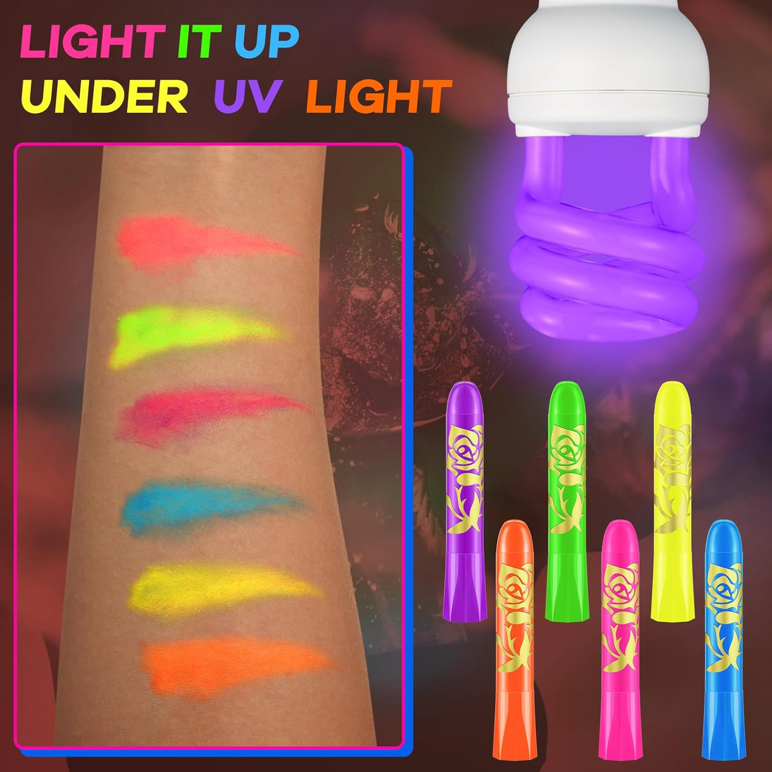 Tenceur 48 Pcs Glow in The Dark Face Body Paint Makeup, UV Crayon Black Light Fluorescent Body Face Painting Kit for Adult Birthday Party Halloween Makeup Outdoor, 6 Colors