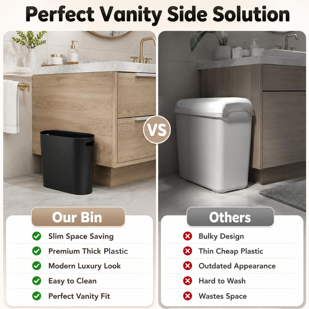 Royfacc Small Trash Can Plastic Bathroom Wastebasket 3.2 Gallon Slim Garbage Container Bin With Handle For Home Kitchen Bathroom Bedroom Office, 2 Pack (Black)