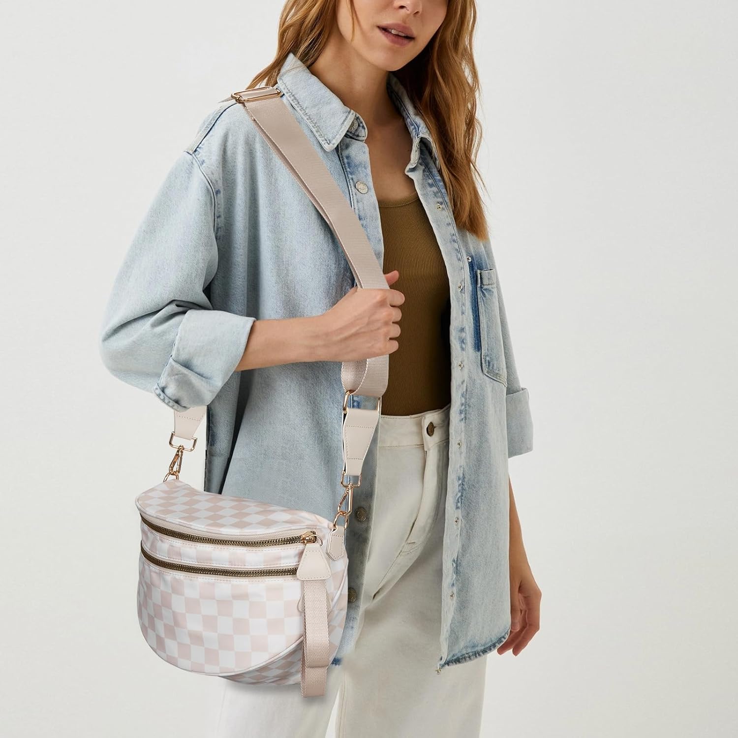 hibear Checkered Crossbody Bag Spacious Bum Bags for Women Nylon Crossbody Fanny Packs Checkered Purse Belt Wallet