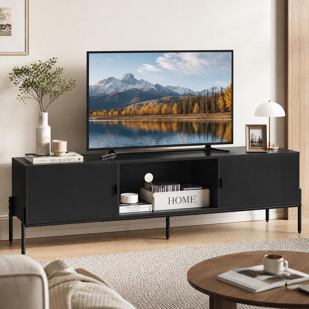 Wlive 58" Tv Stand For 65 Inch Tvs, Mid Century Modern Entertainment Center With 2 Storage Cabinets & Open Shelf, Media Console Table With Metal Legs For Living Room, Bedroom, Black