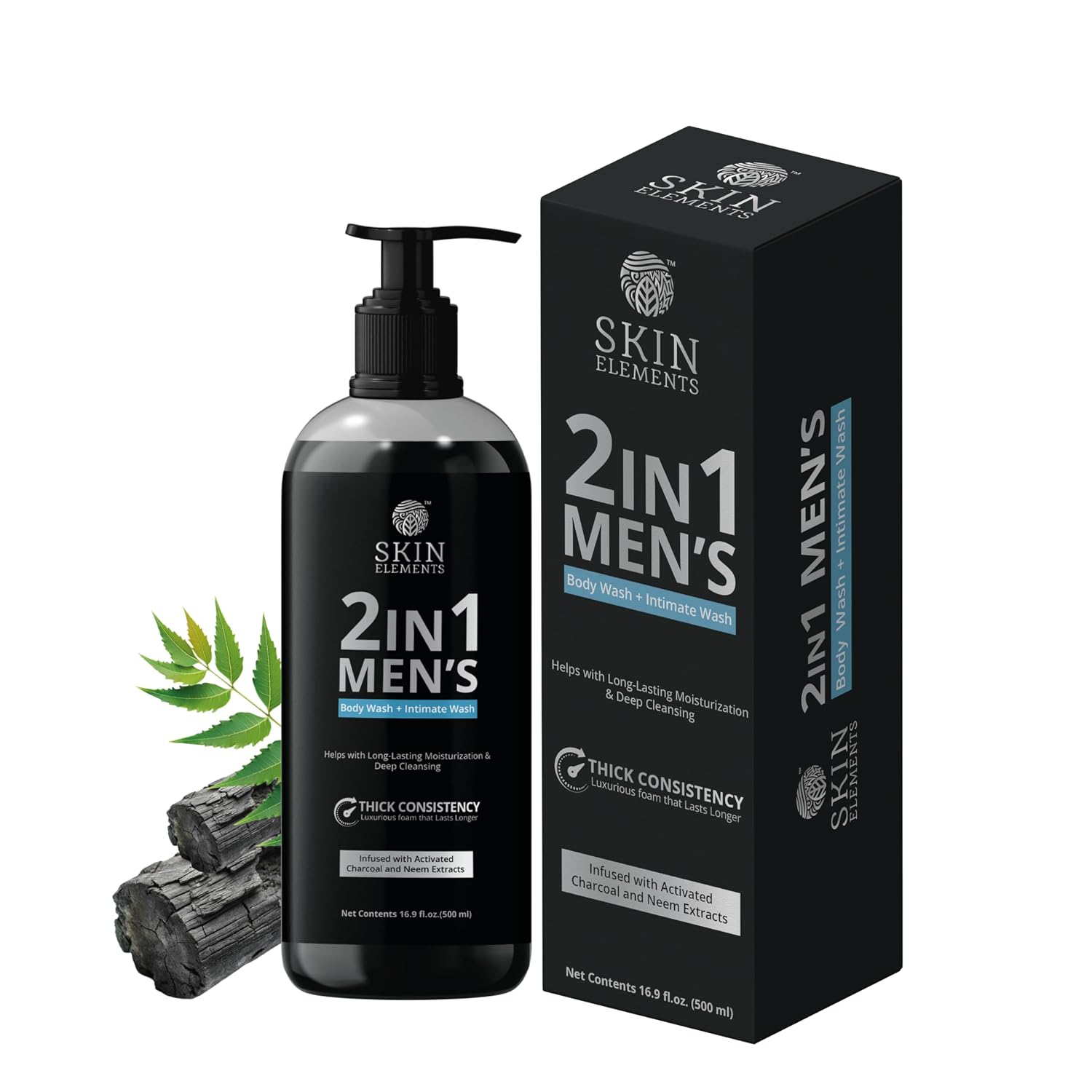 Skin Elements 2-In-1 Body Wash & Intimate Wash For Men| Deep Cleansing Shower Gel| Infused With Activated Charcoal & Neem Extracts| Thicker Consistency | Controls Odor| All Skin Types | 16.9 Fl Oz