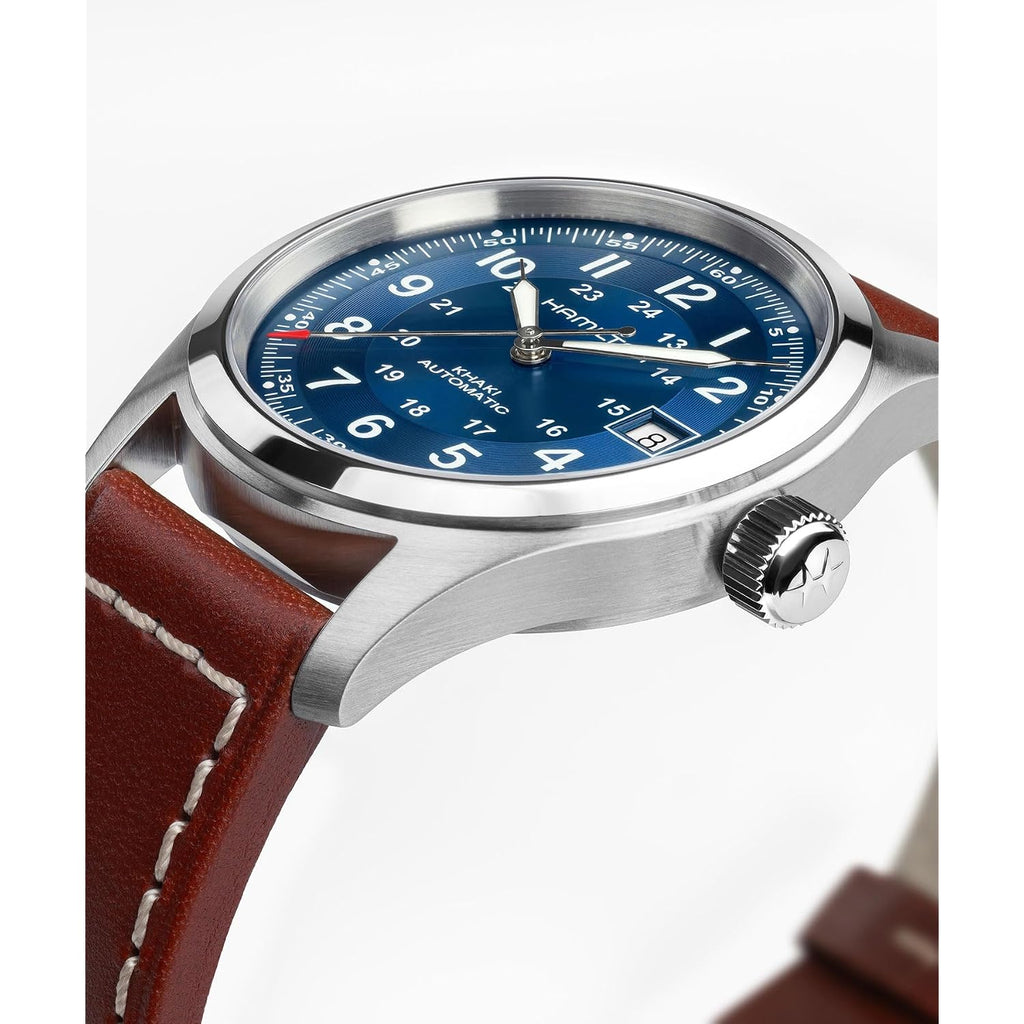 Hamilton Khaki Field Automatic Unisex Watch, 38Mm Stainless Steel Case, Swiss Made, Blue Dial Analog Wrist Watch Unisex 100 Meters Water Resitance, Sapphire Crystal, 3-Hand Movement, Leather Strap