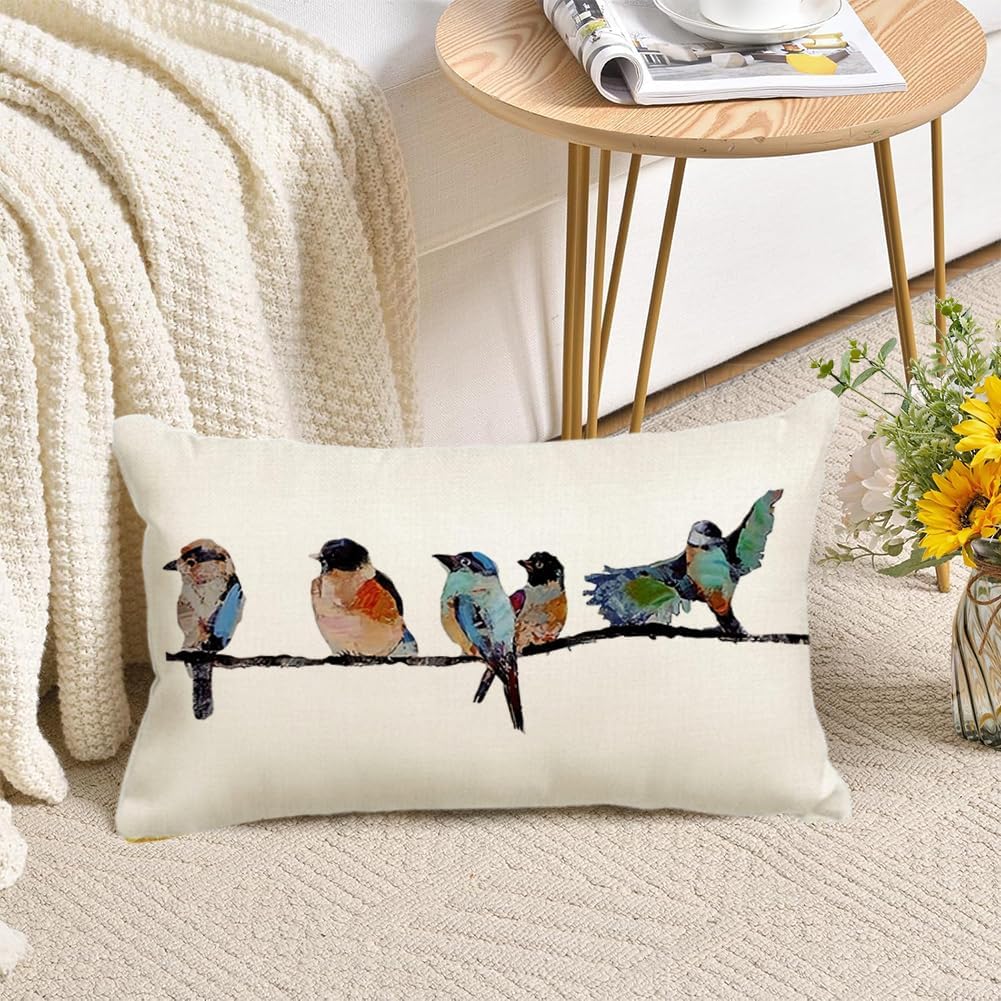 Outdoor Pillow Covers Waterproof 12X20,Outdoor Bird Lumbar Throw Pillow Cases Small Decorative Pillows For Couch Patio Furniture Polyester Linen Teal Blue