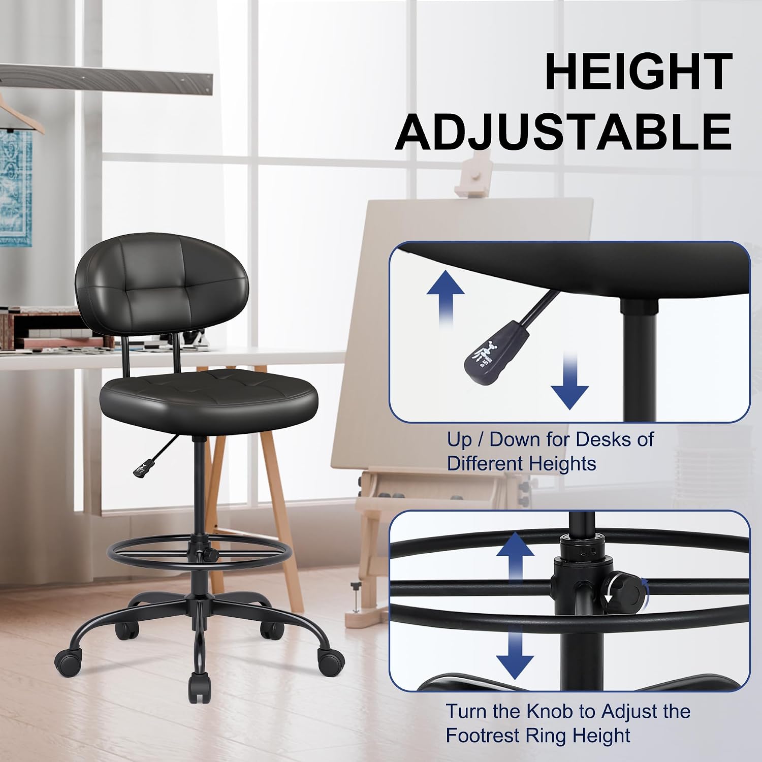 Misolant Drafting Chair Without Arms, Tall Office Chair With Footrest Ring For Standing Desk, Small Faux Leather Executive Office Chair With Adjustable Height For Bar Lab Counter Height Desk, Black