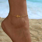 NONAMOIS Ankle Bracelets for Women Dainty 18K Gold Plated Anklet Waterproof Round Beaded Paperclip Herringbone Pearl Chain Anklets Waterproof Beach Foot Jewelry