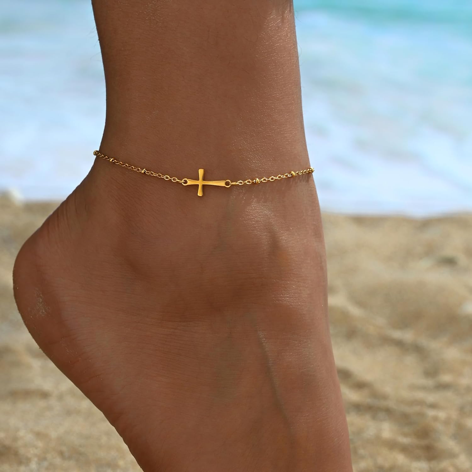 NONAMOIS Ankle Bracelets for Women Dainty 18K Gold Plated Anklet Waterproof Round Beaded Paperclip Herringbone Pearl Chain Anklets Waterproof Beach Foot Jewelry