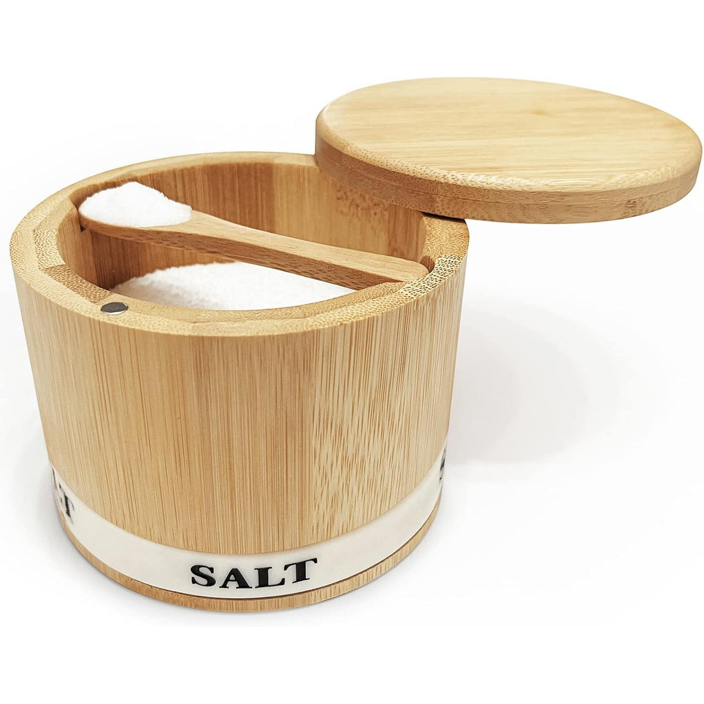 Salt Cellar Bamboo Salt Container With Lid & Spoon For Countertop