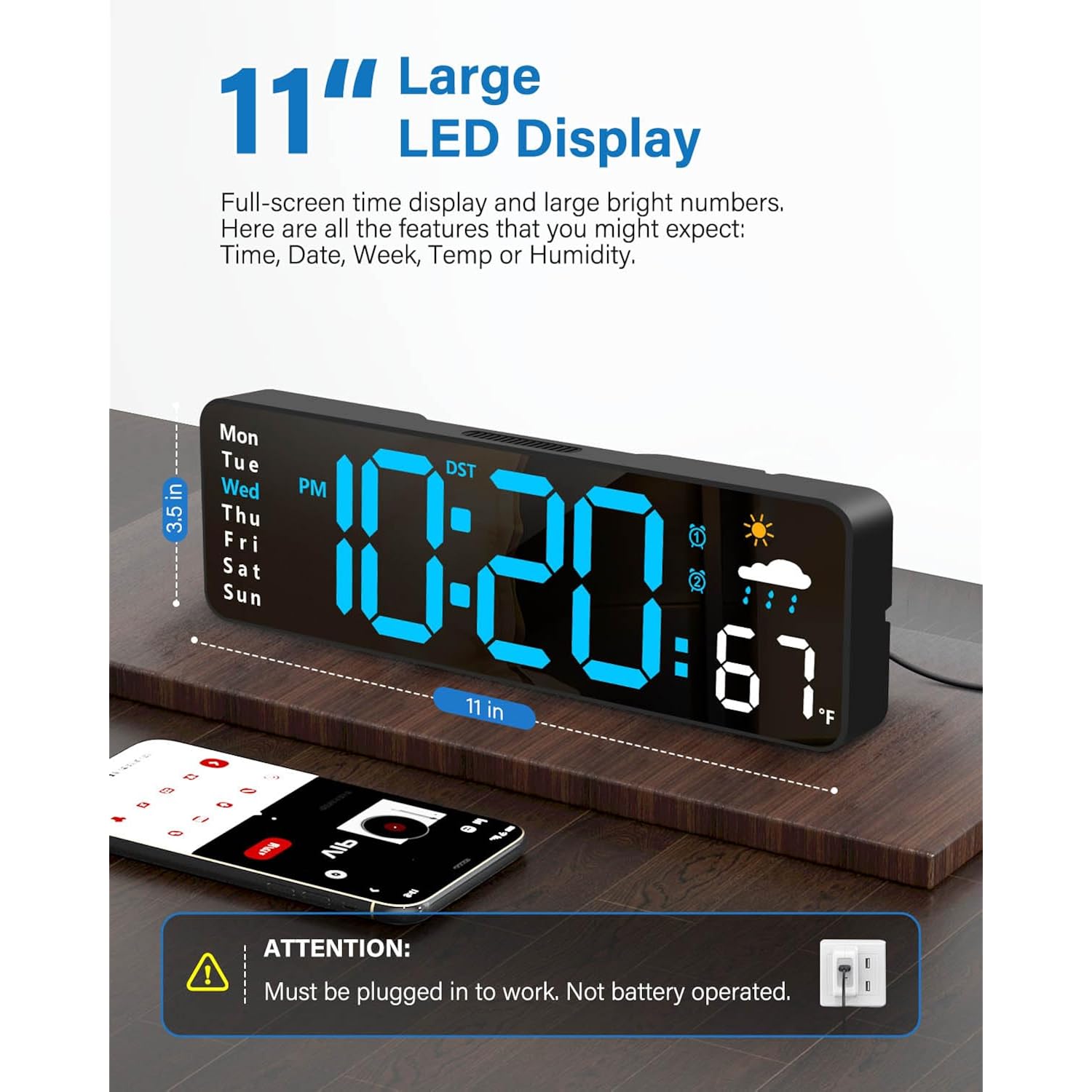 Digital Wall Clock, Digital Clock Large Display With Remote Control, Corded Led Alarm Clocks With Date, Week, Temp, Humidity, Auto Dst, Countdown, For Living Room Bedroom Classroom Office (Blue)