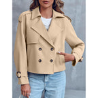 Saodimallsu Women Crop Double Breasted Trench Coat Raglan Sleeve Work Office Cropped Jacket With Pockets
