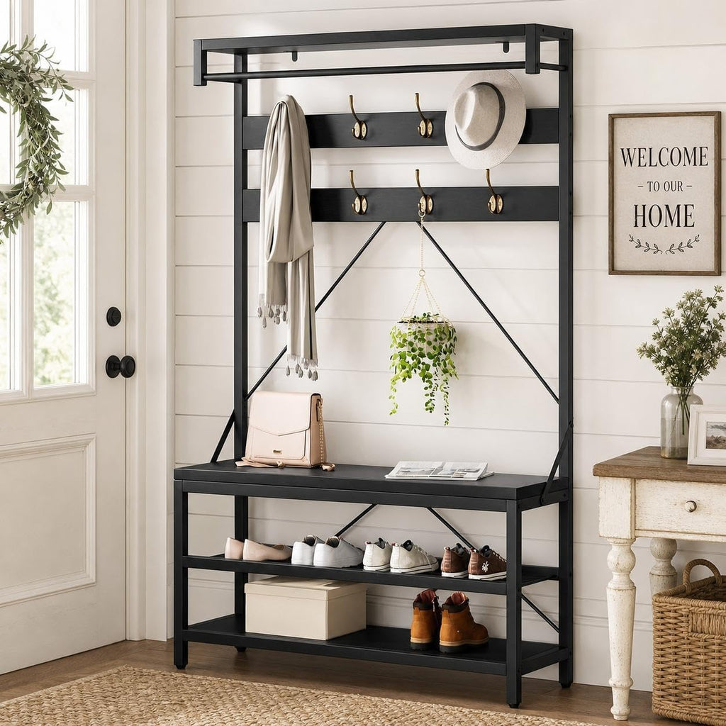 Idealhouse Industrial Hall Tree With Bench And Shoe Storage, 3-In-1 Entryway Mudroom Organizer With 8 Coat Hooks, Heavy Duty Standing Clothes Rack For Hallway, Black