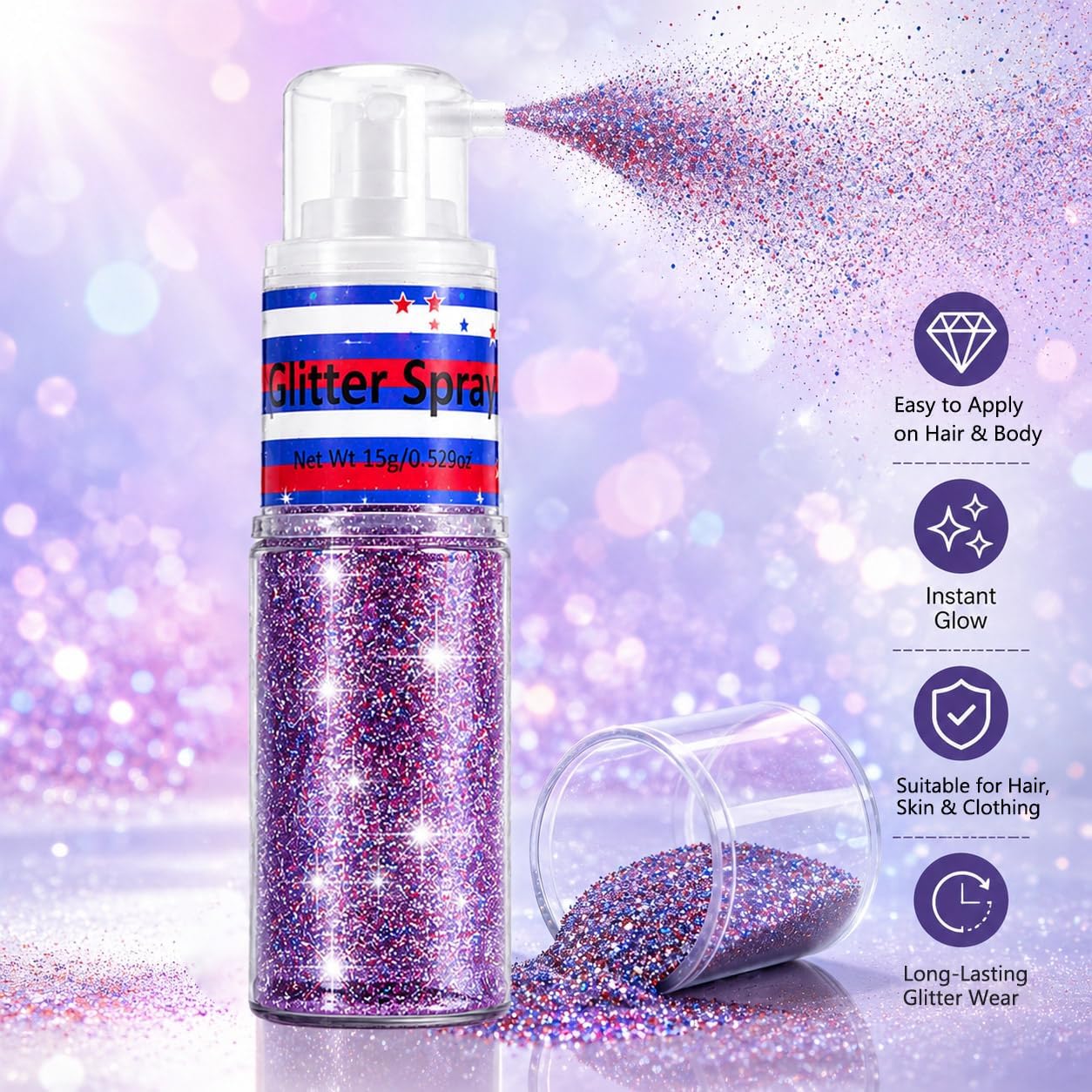 Patriotic Red White And Blue Hair And Body Glitter Spray, Hair Glitter Highlighter Powder For Clothes, Festival Party Makeup Fourth Of July Accessories For Women, 4Th Of July Independence Day