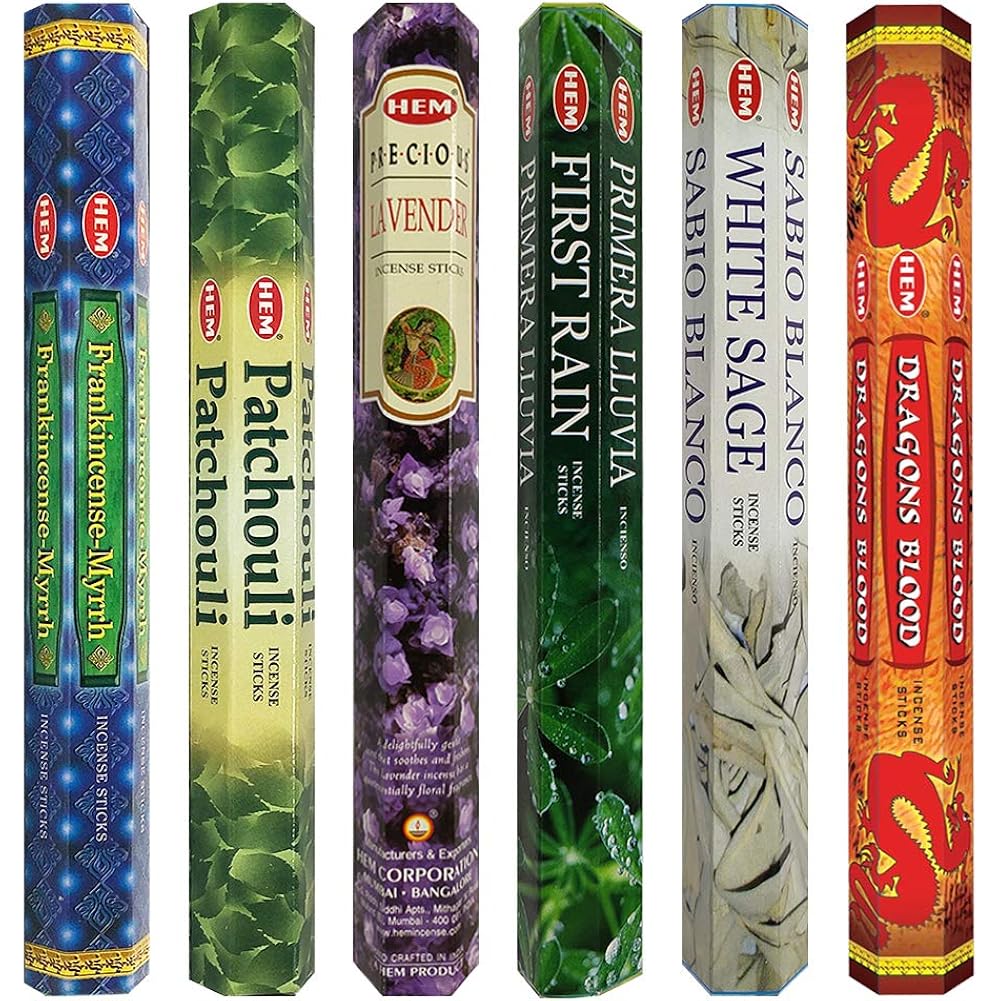 Hem Incense Sticks Variety Pack #23-120 Insence-Sticks (6 Incents X 20 Insense) + Incense Stick Holder With 6 Most Liked Scents Including Patchouli Dragons Blood White Sage Frankincense-Myrrh
