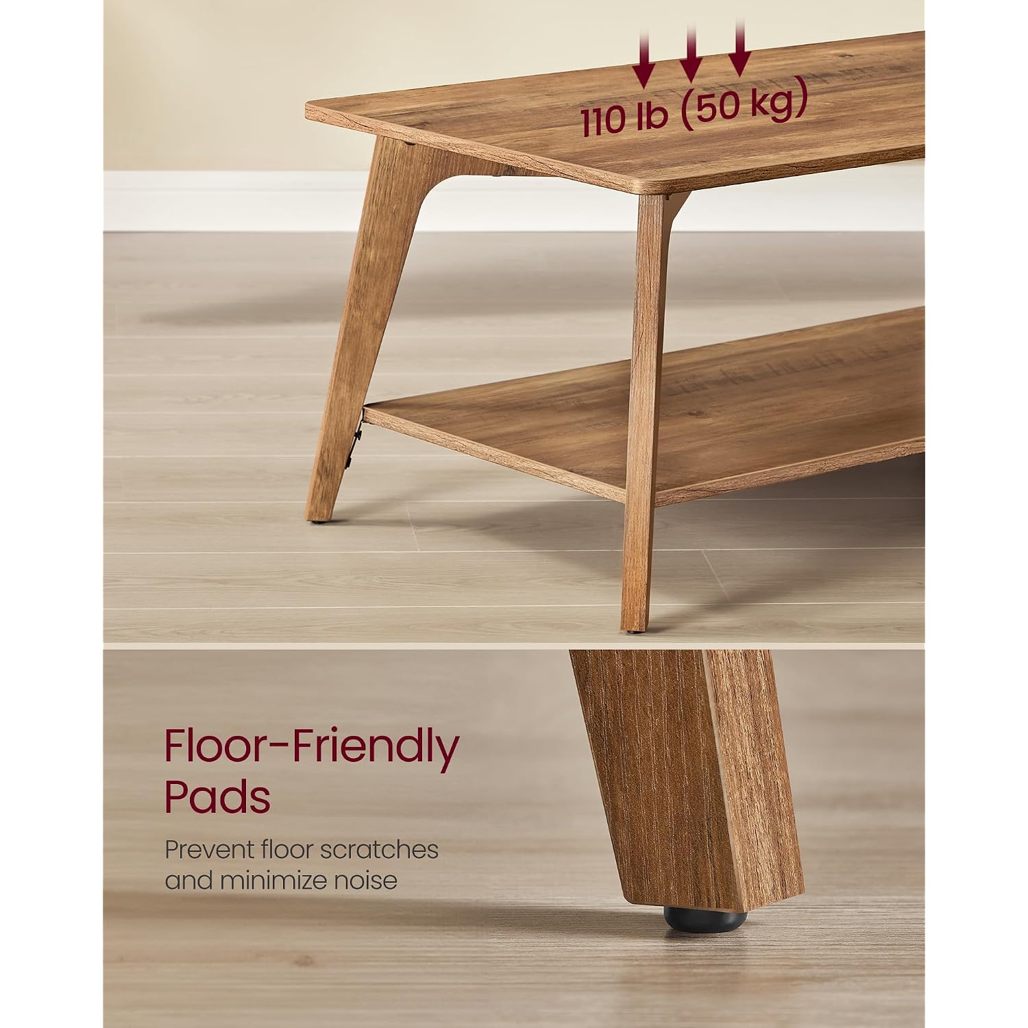 Vasagle Maezo Collection - Coffee Table, 2-Tier Center Table With Storage, Tapered Legs, Curved Transitions, 21.7 X 39.4 X 17.7 Inches, Easy To Assemble, For Living Room, Honey Brown Ulct249K01