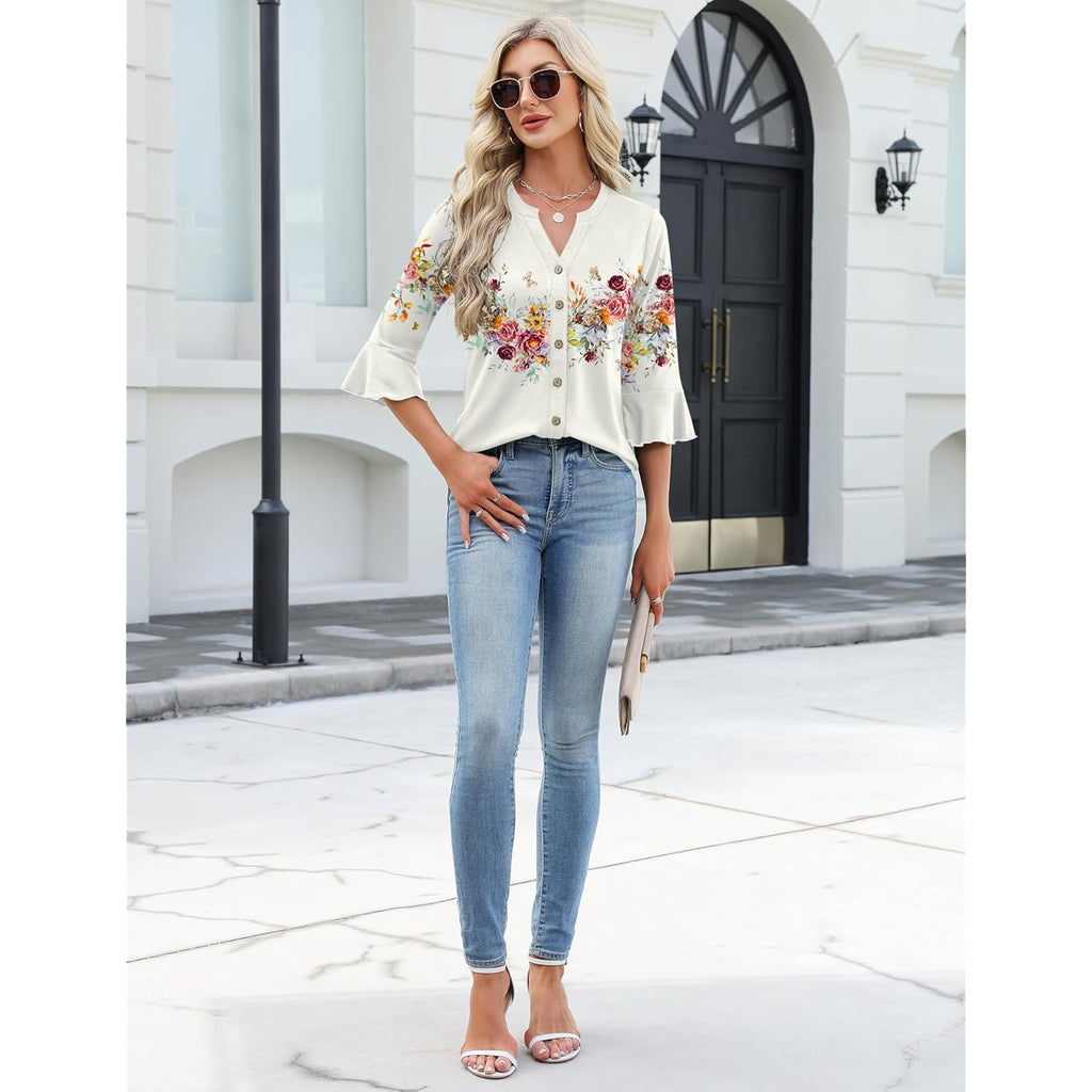 Women's Button Down T Shirts 3/4 Sleeve V-Neck Tops Casual Summer Ladies Tees Ruffle Bell Sleeve Tunic
