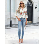 Women's Button Down T Shirts 3/4 Sleeve V-Neck Tops Casual Summer Ladies Tees Ruffle Bell Sleeve Tunic