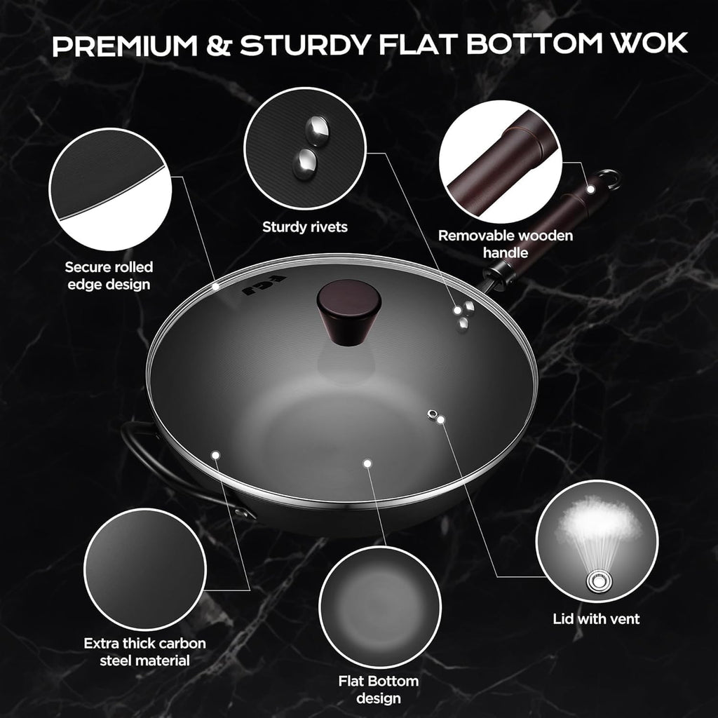 Wok, 13 Inch Carbon Steel Woks & Stir-Fry Pans Nonstick | Pre-Seasoned 5.8Qt Flat Bottom Chinese Wok Paella Pan With Lid,Pfoa/Ptfe Free Cookware Compatible With All Cooktops