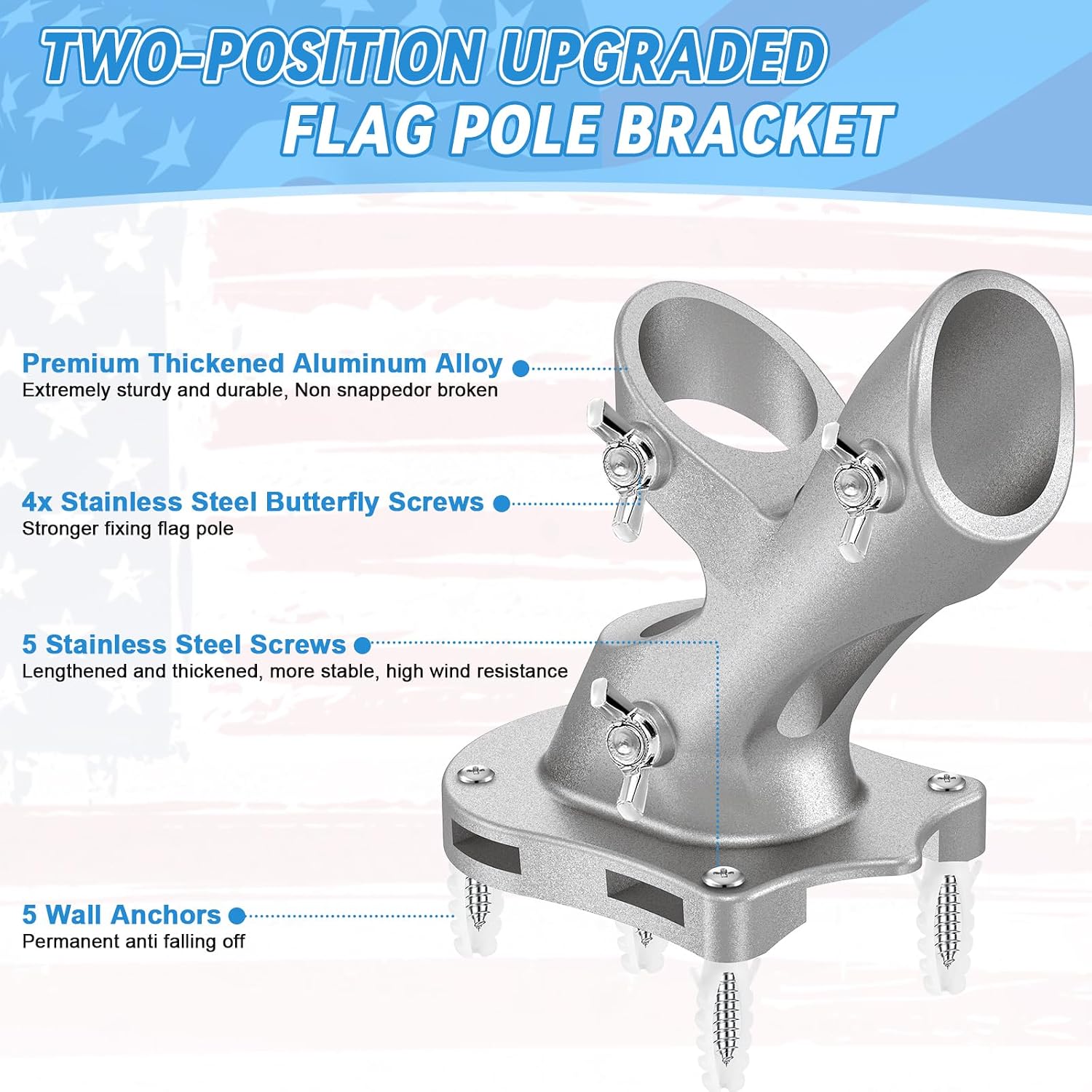 1" Flag Pole Holder For Outside House, Reeron 2-Positions Metal Flagpole Bracket Mounts, Aluminium Rustproof Flag Pole Wall Porch Mounting Brackets With 3 Fixed Holes & Steel Hardwares (Silver-1 Pack)
