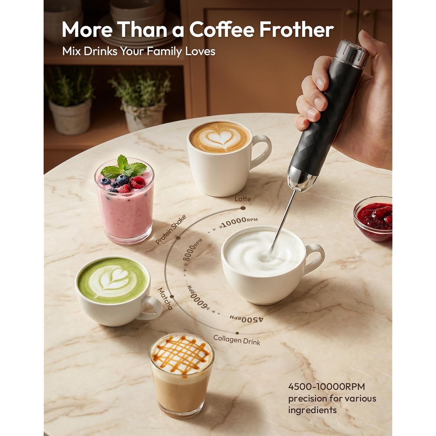 Maestri House Rechargeable Milk Frother With Stepless Speed Control, Lunafro 2.0 Handheld Electric Foam Maker Waterproof Drink Mixer Foamer For Lattes, Cappuccino
