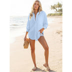 Women 2026 Loose Fit Tops Cotton Linen Button Down Shirts Collared Roll Up Long Sleeve V Neck Blouses