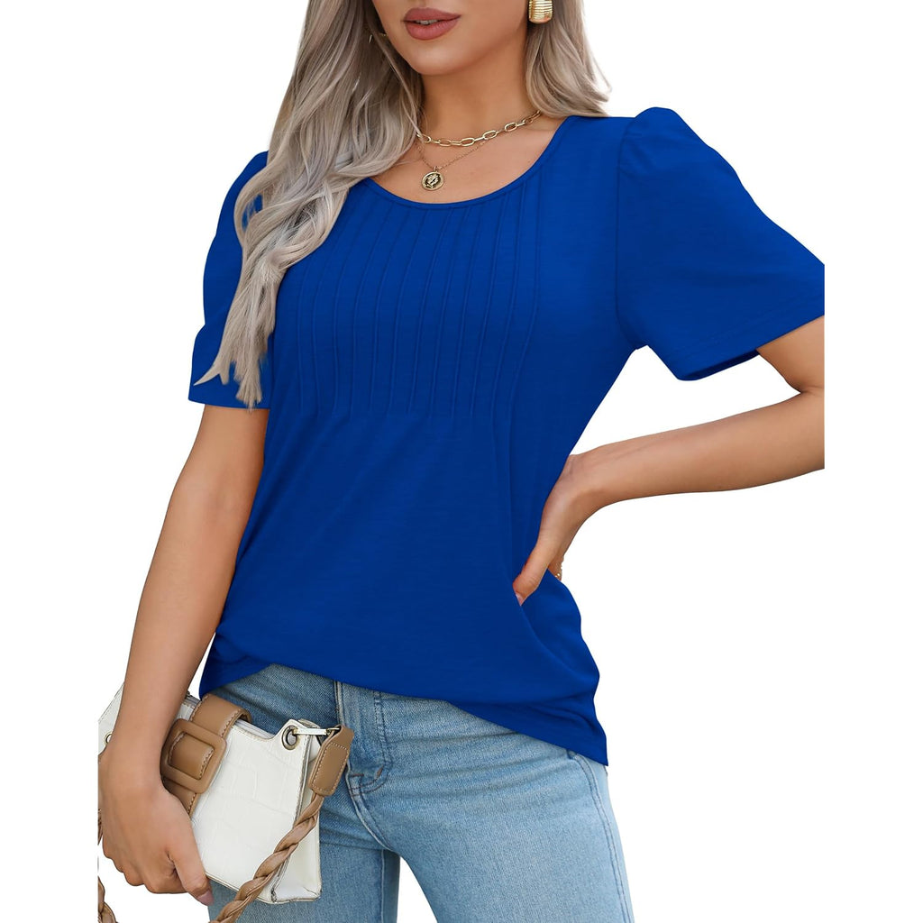 Ofeefan Womens T Shirts Short Sleeve Pleated Dressy Casual Scooped Neck Summer Tops Blouses