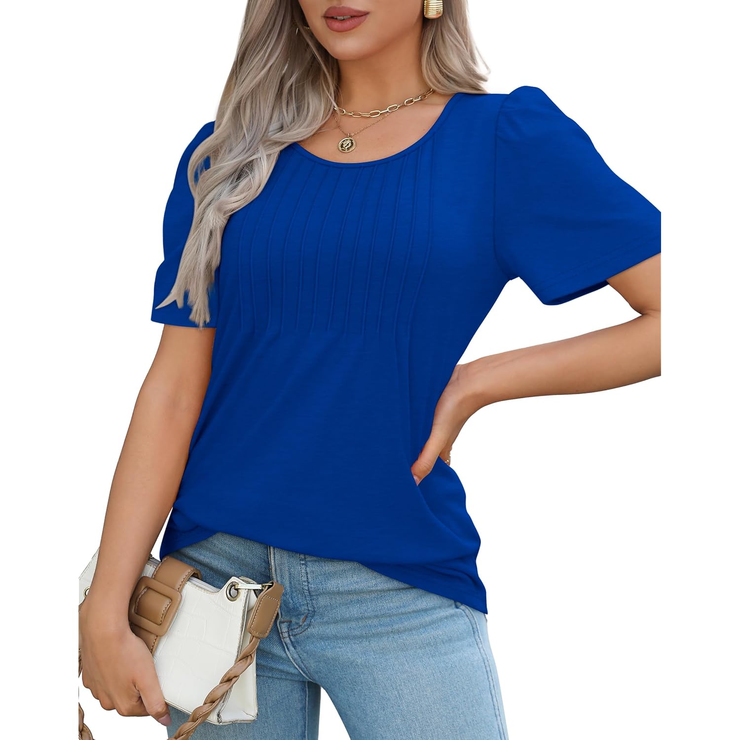 Ofeefan Womens T Shirts Short Sleeve Pleated Dressy Casual Scooped Neck Summer Tops Blouses