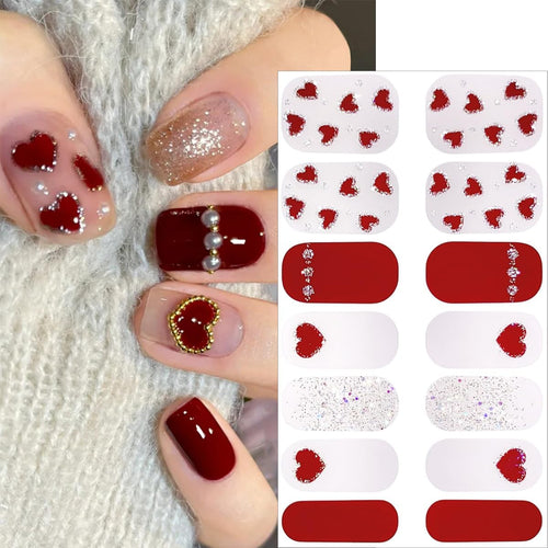 5 Sheets Valentines Day Nail Gel Stickers Cute Bow Heart Nail Polish Strips French Glitter Designs Cute Full Warps Gel Nail Strips Red Nails Polish Stickers for Women Holiday Manicure Decorations