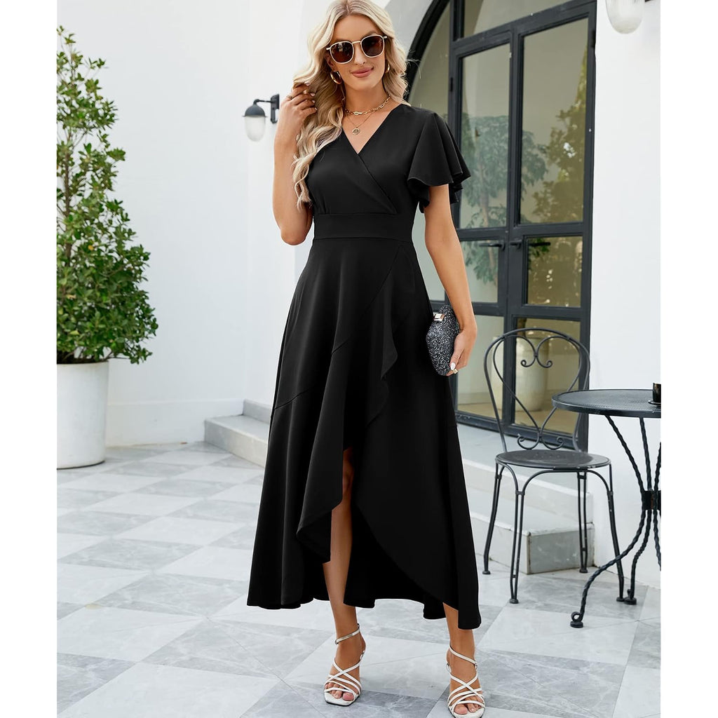 Long Black Formal Dresses For Women Gowns Evening Party Cocktail Dress,Split Elegant V Neck Wrap Ruffle Wedding Guest Dresses