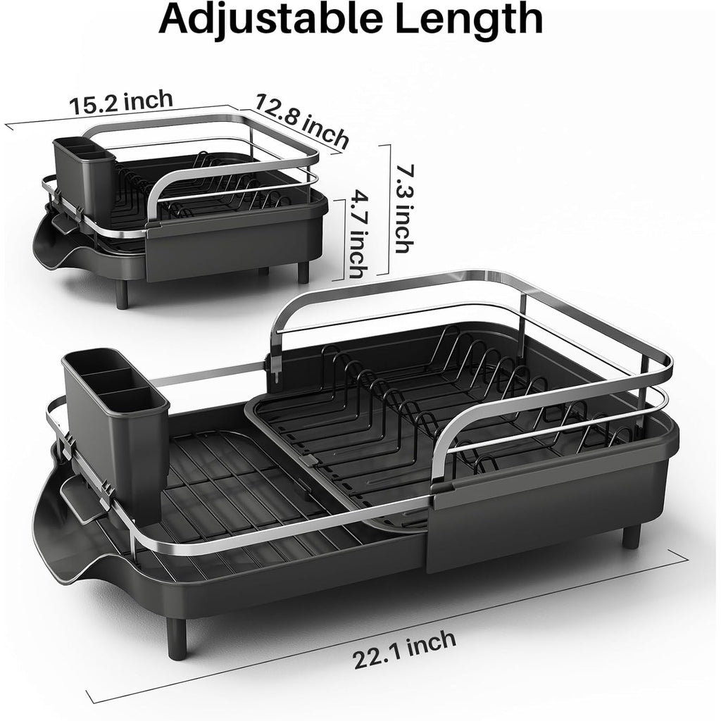 SNTD Dish Drying Rack, Expandable Dish Rack for Kitchen Counter, Stainless Steel Dish Drainer with Drainboard Set and Utensil Holder (Black)