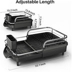 SNTD Dish Drying Rack, Expandable Dish Rack for Kitchen Counter, Stainless Steel Dish Drainer with Drainboard Set and Utensil Holder (Black)